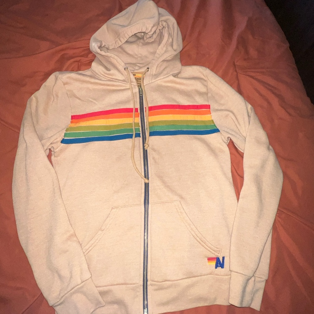 Aviator Nation Tan Hoodie with Rainbow Stripes